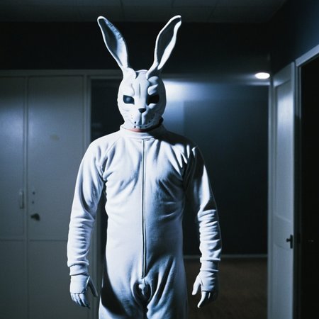 <lora:add-detail-xl:1>
<lora:detailed:0.3>
<lora:perfection style:0.3>
<lora:xl_more_art-full_v1:0.3>
 <lora:Donnie Darko film style:1>
a person in a bunny suit standing in a room,solo,upper body,no humans,bodysuit,mask,facing viewer,dark,straight-on,horror (theme) , cinematic, film, Donnie Darko film style