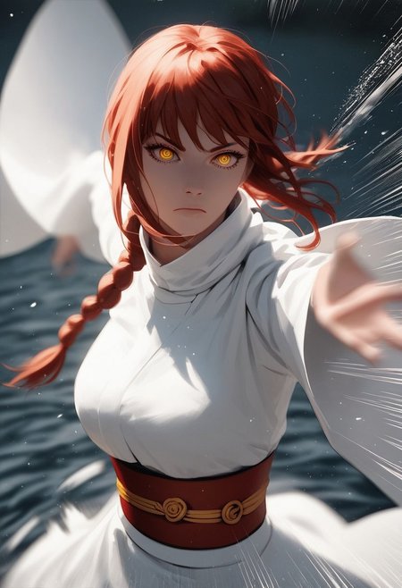 score_9, score_8_up, score_7_up, source_anime, source_explicit,,flat colors, flat illustration, lineart, highly detailed, ultra detailed, masterpiece, best quality, amazing quality,
makima \(chainsaw man\), 
1girl, red hair, blurry, blurry background, yellow eyes, closed mouth, depth of field, punching, punch forward, fight stand, high collar, motion blur, motion lines,, large breasts, looking at viewer, obi, outstretched hand,  sash, serious, sidelocks, solo, upper body, water,  wide sleeves,