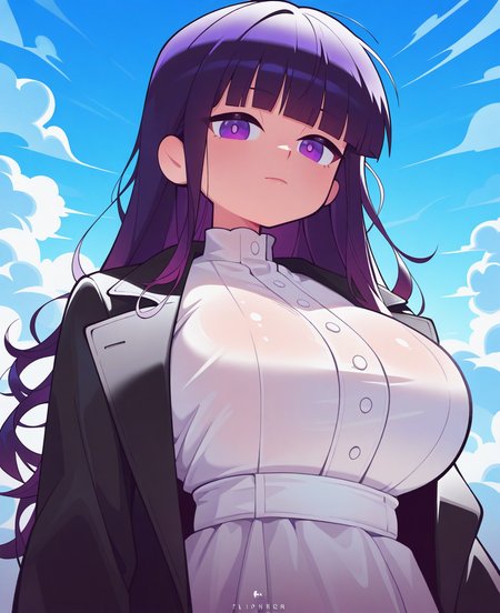 <lora:fliphrC:1> fliphr,
(masterpiece), (best quality), (ultra-detailed), amazing quality, very aesthetic, illustration, perfect composition, intricate details, absurdres, incredibly absurdres, shiny skin, realistic,
 fliphr, 1girl, solo, white dress, breasts, purple eyes, long hair, purple hair, dress, sky, cloud, looking at viewer, closed mouth, large breasts, blue sky, coat, black coat, blunt bangs, huge breasts, sensitive