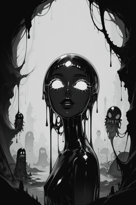 score_9, score_8_up, score_7_up, score_6_up, score_5_up, score_4_up, <lora:GRIM_v1:1>  greyscale, monochrome, limited palette, horror (theme), eldritch abomination, chaotic, silhouette,, <lora:wizardslimev15-t:1> wizardslimus, slime skin, transparent head, transparent body, transparent hair, transparent face, transparent, slime girl