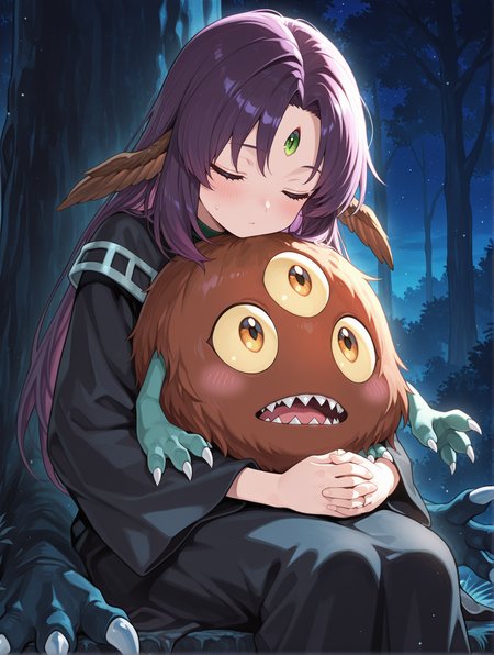 witch of the black forest,1girl,closed eyes,sleeping,blush,black long dress,brown head wings,sitting,closed mouth,own hands together,monster hug,1other,sangan,open mouth,monster,claws,sharp teeth,night sky,black forest,
masterpiece,best quality,amazing quality,very aesthetic,absurdres,newest,<lora:Witch of the Black Forest illusXL v1.4:0.7>,