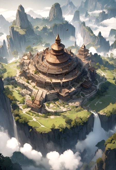 masterpiece, best quality, high detailed, fantasy landscape, from above, birds eye view,  ancient, magical,1 girl, medium breast