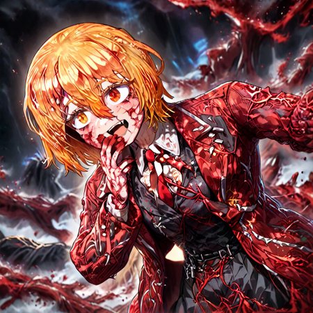 1girl, don quixote \(project moon\), limbus company, blonde hair, short hair, hair between eyes, heterochromia, orange eyes, glowing red eyes, white shirt, red tie, red trench coat, skirt, blood fiend, black goo veins covering half of face, half of face damaged, laugh, vampire fangs, hand near mouth, blood splatter, dutch angle, (masterpiece, best quality)