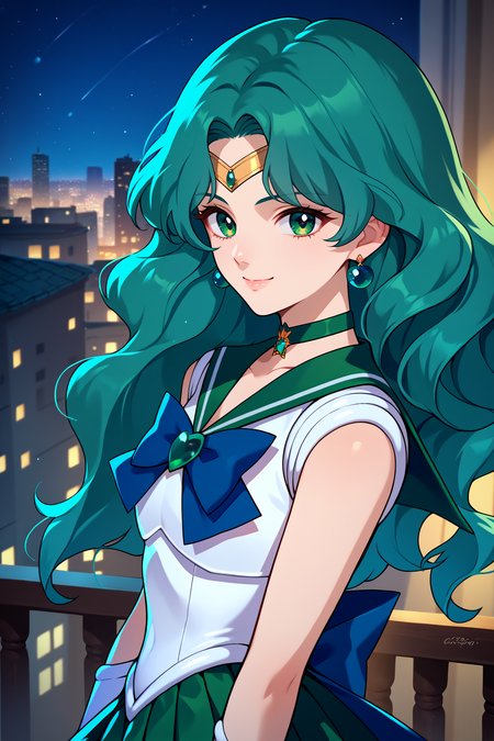score_9, score_8_up, score_7_up, score_6_up, source_anime, 1girl, solo,  <lora:sailorneptune-pdxl-nvwls-v1-000005:1> slrnp, cyan hair, long hair, wavy hair, green eyes, circlet, earrings, choker, white shirt, green sailor collar, sleeveless, blue bowtie, brooch, cyan skirt, pleated skirt, white leotard, white gloves, elbow gloves, high heels, magical girl, upper body, portriat, looking at you, night sky, city, smile, closed mouth, happy