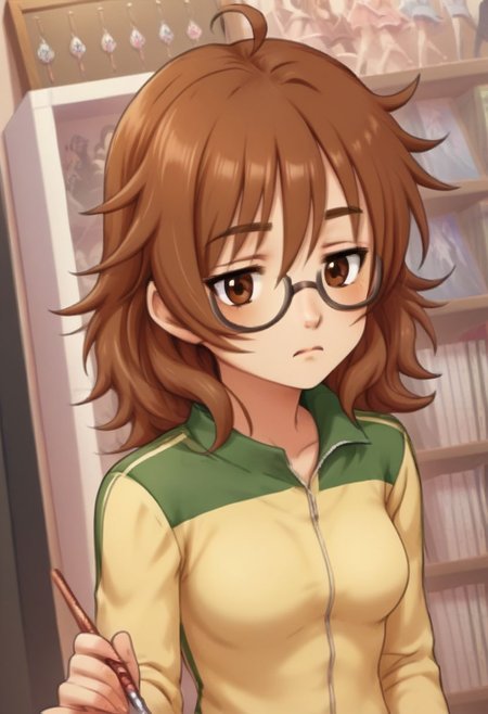 score_9, score_8_up, score_7_up, BREAK, source_anime, ARAKI HINA BROWN HAIR, MEDIUM HAIR, BROWN EYES, MESSY HAIR, BIG HAIR, FLIPPED HAIR, TIRED HAIR, AHOGE, JITOME, MEDIUM BREASTS, j0j0styl3