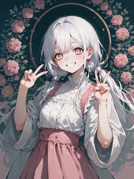 score_9,score_8_up,score_7_up,score_6_up,masterpiece,best quality,perfect anatomy,
pretty girl,1girl,<lora:Stella_ForPony:1>,stella,white hair,pink eyes,blue eyes,kind_smile,arms_up,double_v,