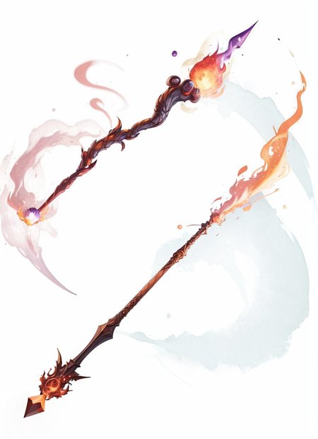 MagicItem_v1 <lora:MagicItem_v1:1> (wand), white background, straight wooden wand, red particles, fire magic, pyro wand, masterpiece, professional quality