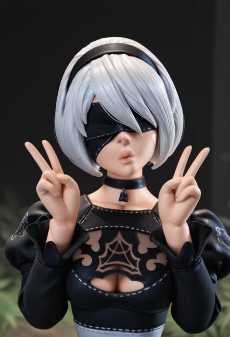 r0b0style, 3d figure,   masterpiece, best quality, solo,                  (Nier Automata), white hair, blindfold, faceshot, choker, double v,  puckered lips, head tilt,