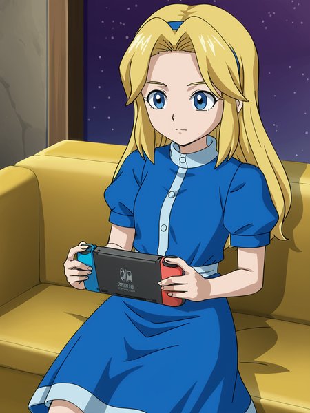 dress, <lora:Maria Robotnik (SxSG):0.9> sxsgdbmaria, blonde hair, source_anime, nintendo switch