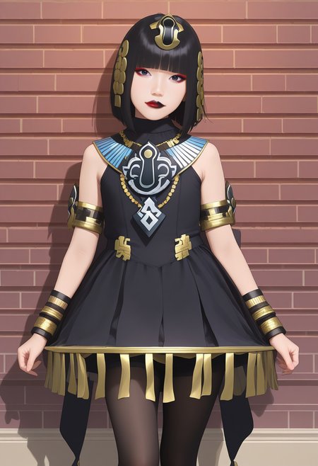 best hands, 5 fingers, <lora:Atropos_IL1.1:0.9>looking at viewer, 
Atropos, 1girl, solo, black short hair, blunt bangs, black eyes, Red and black lips, makeup, jewelry,
necklace, black sleeveless dress, bracelet, armlet, egyptian, black pantyhose, Black Pumps
realistic, realistic_style, asian
BREAK indoors, brick wall