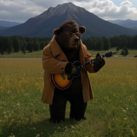 ted bedderhead, big bear, tall, dark brown fur, belly, standing tall, glasses, hand paws, claws, feet paws, black nose, wearing coat, playing a guitar, in an open field, mountains in background