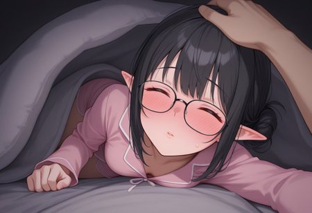 Bedroom, detailed background, cute, very pretty,
 1elf(petite elf, black hair, small breasts, messy bun, hair in a bun, eyes closed, wearing glasses, pointed ears, pink pajamas), laying on side,(blushing), shy, (embarrassed), bed invitation, incoming_kiss,incoming kiss, imminent kiss, lips,
Male pov, (head pat)