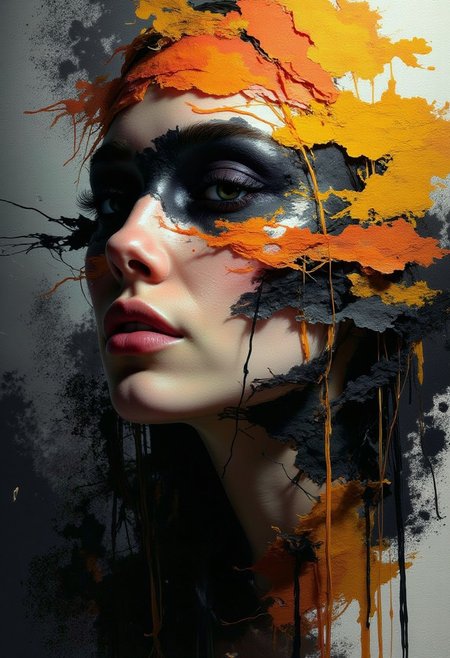 Watercolor style, watercolor, wet on wet, paintstreaks, watercolor painting, \nA A digital abstract Portrait Dream art piece with a side profile of a woman's face. The face is made of horizontal layers of vibrant colors, such as orange, black, and yellow. The layers give the illusion of peeling or disintegrating. The cracked, textured surface resembles aged paint or weathered wood. The background is a gradient of black and grays.