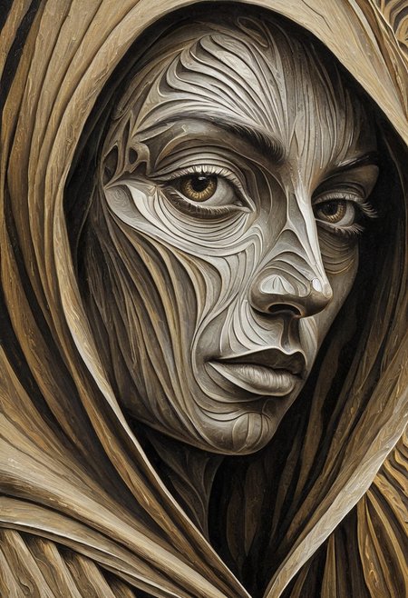 (masterpiece, best quality:1.5), trippy abstract painting in sepia tones of a profile view of a hooded character, the character is sitting and fully covered by a beige cloak, the cloak has intricate frills that extend outward from the character, creating geometric ripples and patterns, the ripples seamlessly blend into the background, filling the entire painting with a mesmerizing and complex design, the sepia color palette gives the artwork a vintage and surreal atmosphere, the geometric ripples form a hypnotic effect, drawing the viewer’s eye across the canvas, each ripple is carefully detailed with subtle variations in tone and texture, creating depth and dimension in the painting, dali, helios-zarbi