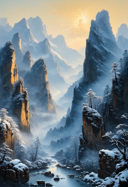 famous artwork, masterful use of light and shadow, masterful composition following the rule of thirds, chiaroscuro, dappled sunlight, in winter, at dawn, under the snow, romanticism oil painting of the floating peaks of zhangjiajie in the style of caspar david friedrich, towering sandstone pillars rising through a sea of mist, their sheer cliffs overgrown with under snow vegetation , the scene is bathed in a golden morning light, soft rays piercing through the ethereal mist, casting long shadows and highlighting the rugged texture of the stone, delicate wisps of cloud wrap around the formations, further emphasizing their towering grandeur, the atmosphere is serene yet awe-inspiring, evoking a sense of the sublime winter, a narrow, winding mountain path leads toward a detailed wooden bridge that connects two towering peaks cover of snow, an ancient and awe-inspiring temple built in traditional chinese style sits atop a pillar in the middle ground. Snow is almost cover everything