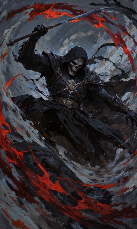 The Grim Reaper swings his sickle towards the camera, with a dynamic fighting posture and visual impact.<lora:flux1-D\flux.1_lora_flyway_Epic-detail_v2.safetensors:0.8:1.0> <lora:flux1-D\flux.1_lora_flyway_ink-dynamic.safetensors:0.6:1.0> <lora:flux1-D\flux.1_lora_flyway_Hyper-Illustration_v1.0.safetensors:0.7000000000000001:1.0>
