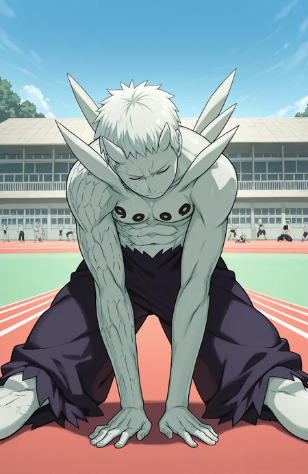 baggy pants, head down, head tilt, closed eyes, exercise, stretching, shchool yard, track field, sky, school building, r50_ob1t0, rinnegan, sharingan, 
masterpiece, best quality,
<lora:Juubito_X6E13:1.0>