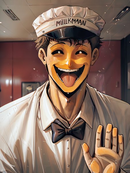 embedding:Pony\Positive\PonyXLV6_Scores, 1boy, milkman, hat, collared shirt, bowtie, Hoon man, blank black eyes, black mouth, laugh, glass window, hand on glass