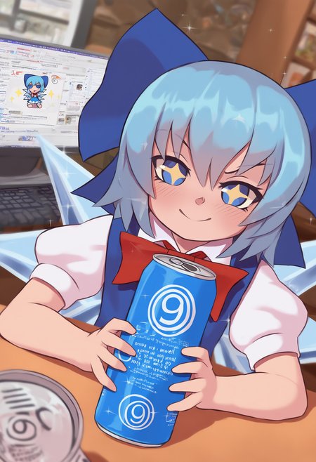 cirno, 1girl, solo, looking at viewer, blush, smile, short hair, blue eyes, shirt, dress, holding, bow, hair between eyes, closed mouth, blue hair, white shirt, short sleeves, hair bow, wings, collared shirt, indoors, puffy sleeves, bowtie, english text, red bow, puffy short sleeves, sparkle, blue dress, blue bow, red bowtie, ice, +_+, can, ice wings, computer, drink can, circled 9, fumo (doll)
, masterpiece, best quality, good quality,
<lora:duhota_noob_vpred-1.0_edm2_v1:1>