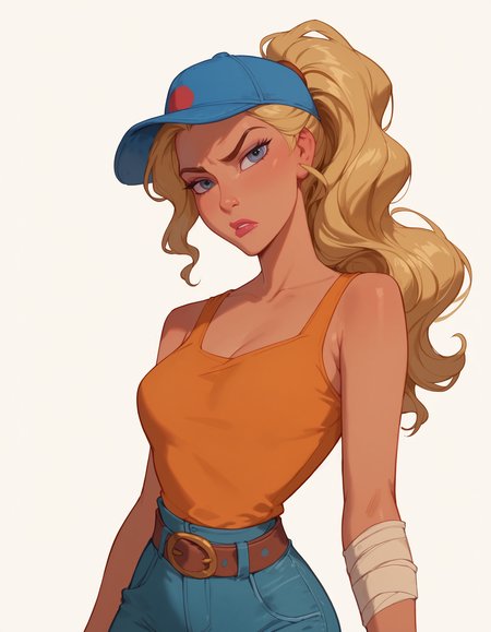 <lora:Disney_Style:.9> <lora:princess_xl_v2:.75> <lora:add-detail-xl:.9> <lora:g0th1cPXL:.3> <lora:Cherry-Gig:.45> <lora:Expressive_H:1> <lora:PLASTT_PonyV6:1> score_9, score_8_up, score_7_up, zPDXL, DisneyRenstyle, score_9,score_8_up,score_7_up,score_6_up, 
(white background, plain background, ambient lighting), (standing, 3/4 view),
1girl, solo, sexy 18 year old, (tan skin), blonde hair, ponytail, wavy hair, dark orange tank top, blue baseball cap, brown belt, jeans, white bandage on arm,  
serious expression, annoyed, eyebrow raise, narrow eyes, flirty, grey eyes, slender, sexy pose, legs spread, 
perfect hands, 5 fingers, slender waist,