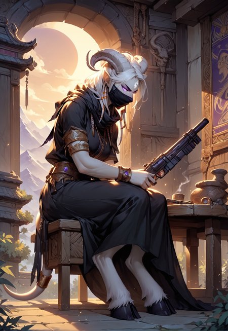 masterpiece, score_9, score_8_up, score_7_up, score_6_up, world of warcraft,

outdoor, evening, mountains,

(female, mature, draenei, h0rns, ram horns, white horns, athletic arms, pale white skin, long white hair, four fingers, one thumb), (purple eyes), stern face, stern look, 

(long loose black dress, simple armlet, black facemask, black silk scarf), GunMonk, shotgun, 

full body, side view, indoors, temple, sitting at table