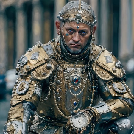 close-up man, street, kneeling knight, portrait, finely detailed armor, gold, silver, jewels, intricate design, by albertomielgo <lora:AlbertoMielgo_style2_SDXL:0.7>