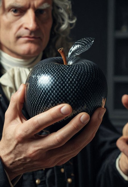 Isaac Newton, looking at a black cf_style apple he is holding in his hand, close-up, shallow depth of field, high resolution, masterpiece, 8k
