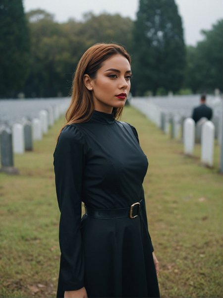 A dynamic cinematic photograph of Anna_Bianchi_P_MXAI_SDXL , tearful sad expression, "ready-for-a-funeral", black dress, looking down, in a rainy graveyard at dusk, ((full body shot)),  PA7_Portrait-FL, SK_CINEMATIC, ziprealism