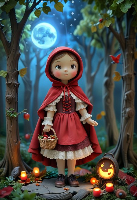 masterpiece, best quality, (curious red riding hood) young character, wearing a dark red hooded cape, lace-up bodice, long skirt with lace trim, leather shoes , bonnet, set in  a serene woods, with rustling leaves, dappled sunlight, a gentle breeze, birds singing, and a sense of peace, under the moonlight, at night, smiling