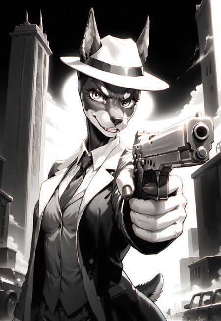 safe_pos, score_9, score_8_up, score_7_up, highres, high quality, perfection, masterpiece, Expressiveh,
1920s, (black and white), (monochrome), high contrast,
1girl, solo, no humans, front view, portrait, face focus,
outdoors, city, night,
furry female, (anthro dobermann girl: 1.2), detailed fur, beautiful girl, cute girl, young adult, youthful, petite girl, (bald girl, bald head), detailed face, beautiful face, eyelashes, perfect eyes, detailed eyes, medium breasts, detailed hands,
mafi4, necktie, gloves, suit, fedora, white shirt, black vest, black pants, coat on shoulders,
dynamic pose, standing, looking at viewer, evil grin, holding weapon, holding gun, pointing gun at viewer, right pistol,