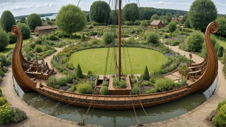 fisheye view of a Viking ship sailing in a garden landscape, summer, wartorn, intricate, crisp lines <lora:Viking_Ship:1>
