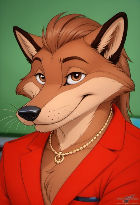 score_9, score_8_up, score_7_up, score_6_up, score_5_up, score_4_up, photorealistic, realistic, masterpiece), furry male, detailed face, detailed eyes, detailed hair, detailed fur, solo, (((headshot))) 
BREAK
Fox_FTfEC, Anthro Fox, long snout, very long snout, eyelashes, whiskers, black nose, brown fur, tan muzzle, brown hair, long hair, slicked back hair, muscular male, top-heavy build, gold chain, Red sports coat, no shirt, black pants, Italian loafers, 
BREAK
<lora:add-detail-xl:1.5>