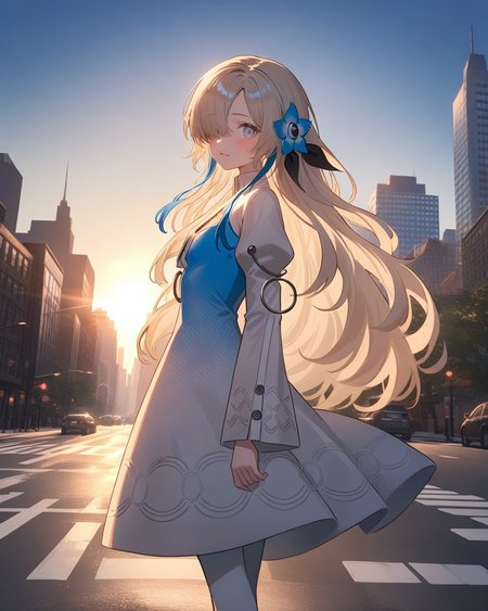 1girl, isekaijoucho, isekai joucho,
blue hair flower, gray wavy long hair, hair over one eye, multicolored hair, white blue two-tone dress, blue white gradient dress, puffy long sleeves,
outdoor, newyork city, scyscraper buildings, morning haze, crossroad, walking, backlit, cowboy shot, looking back,
masterpiece, best quality, very aesthetic,
<lora:neg4all_bdsqlsz_xl_V91:1>,  <lora:Isekaijoucho_anmgn31_C:0.6>