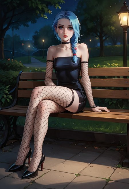 score_9, score_8_up, score_7_up, score_6_up, score_5_up, score_4_up, young woman, long blue colored braided hair, blue hair, thin body, pale skin, small breasts, long legs, covered_piercing, nipple piercing bulge, covered nipples, wearing black short dress, tight dress, strapless dress, wearing fishnet stockings, fishnet sleeves on wrists, sitting down on a Park bench, dangling high heel shoe from her foot, shoe dangle, very dark lighting, dynamic lighting,