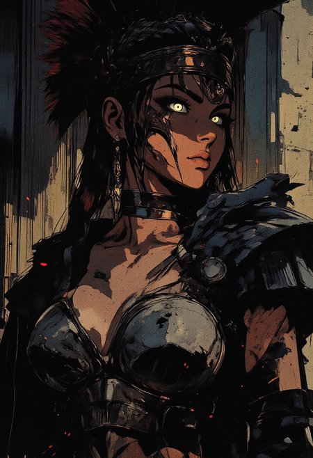 Female Roman soldier, Revenant, war paint, face paint, eye black, glowing eyes, in profile, toned arms, braided hair, battle damaged armor, large breasts, breast plate, dark and moody background, adds a dramatic tone, subtle lighting reflections, ray traced, foreshortening, particle effect, Holding a sword,