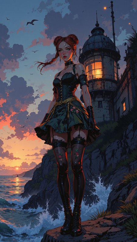 High-resolution semi-realistic anime illustration, crisp black outlines, expressive shading, rich natural lighting. A young woman stands atop the highest balcony of a towering lighthouse, gripping the cold metal railing with one hand while the other lifts slightly, fingers brushing against the salty breeze. Her long, intricately styled braided buns sway in the wind, fiery red strands catching the golden light of the setting sun. She wears a striking asymmetrical dressâone side flowing elegantly behind her, the other cut high, revealing thigh-high lace stockings with intricate floral embroidery. A fitted, double-breasted corset with golden accents cinches her waist, paired with long, fingerless opera gloves. Her emerald-green eyes shimmer with quiet determination, lips parted in a soft, confident smirk as she gazes into the endless horizon. Behind her, the lighthouse beacon slowly rotates, casting rhythmic flashes of warm light, illuminating her silhouette against the twilight sky. Far below, jagged cliffs and crashing waves dissolve into mist, seabirds circling in the fading purples and deep blues of dusk. Painterly rich sunset hues, oceanic teals, and atmospheric twilight blend seamlessly, evoking a breathtaking, cinematic scene. <lora:Niji_anime_style_flux:0.6> <lora:Vibrantly_Dark_style_v.1:0.8> <lora:PinkieSoftcoreAnimeFLUX:1.0>