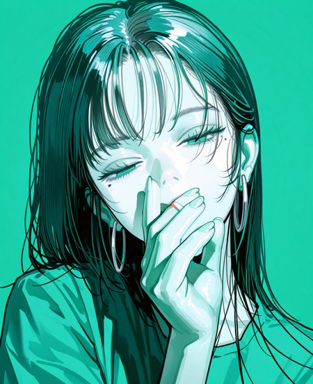 <lora:johnC:1>,
(masterpiece), (best quality), (ultra-detailed), amazing quality, very aesthetic, illustration, perfect composition, intricate details, absurdres, incredibly absurdres, shiny skin, realistic,
 john, 1girl, solo, mole under eye, blending, hoop earrings, looking at viewer, covering own mouth, limited palette, mole, green , , long hair, earrings, jewelry, portrait, covered mouth, hand up, green theme, simple background, closed eyes, cigarette, hand over own mouth, head tilt, black , general