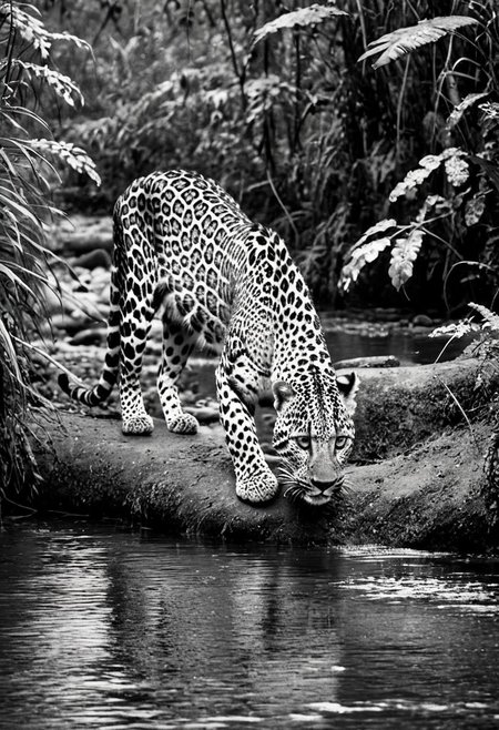 a (black and white:1.5) photo of a leopard, in the jungle, drinking at the at the edge of a river, at dusk, dense jungle forest, dramatic lights, shallow depth of field, blurred background, extreme details, intricate details, 8k, 35mm photo, photorealism, realistic photo, national geographic style, masterpiece, film photography style