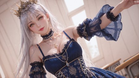 (masterpiece, best quality,realistic,from below:1.3),absurdres,(looking at viewer,  collarbone,),(shiny_eyes:1.5),smile,
1girl,solo,silver hair,yellow eyes,very long hair,cxzg,dress,cyan dress,tiara,detached sleeves,jewelry,necklace,frills,lace,cross-laced clothes,crown,lipstick,
cleavage,medium breasts,bouncing breasts,classroom,<lora:aidmaImageUpgrader-v0.3-IL:0.6>,<lora:cxzg(IL):0.7>,