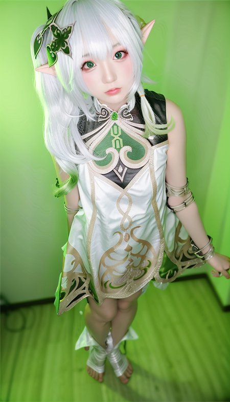 full body,  (photo realistic:1.35),(ulzzang-6500:0.65), masterpiece, best quality, detailed, pointy_ears, elf, green_background, 1girl, solo, hair_ornament, green_eyes, long_hair,bandages,
