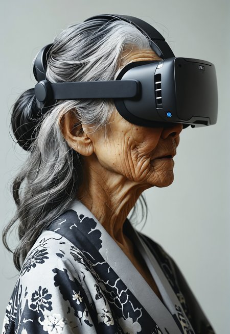 old woman, black and grey long hair, wearing vr, Shigeo Fukuda <lora:MJ52:0.5> <lora:add-detail-xl:1> <lora:Photoreal:1>