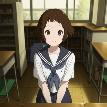 masterpiece, best quality, amazing quality,1girl, solo, kotenbu_series_lbara_mayaka, school uniform, smile, short hair, brown hair, kamiyama high school uniform (hyouka), serafuku, skirt, brown eyes, pleated skirt,  looking at viewer, classroom, <lora:Ibara_Mayaka_-_Kotenbu_Series:0.7>