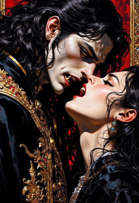 weibo, drawing, illustration retro 90's, Yoshitaka Amano, Ayami Kojima, chromatic aberration, detail, high contrast, cinematic view, volumetric lighting, perspective, (((close_up_face))), vampire_hunter, gothic_fantasy, long_black_hair, stoic_expression,dark_mysterious_aesthetic, opulent,dark_twilight,dramatic_lighting,high_contrast, eerie_atmosphere,fantasy_art,intense_gaze,dark_romantic, gritty_texture, melancholic_mood, thick_linework, surreal,cinematic, intense_detail,photorealistic,(sharp focus:1.3). A stylized character with a striking appearance. A Close-up focus is on he face of a character a tall, mysterious a vampire hunter open mouth with sharp, menacing fangs. with pale skin and a stoic expression. He has long, wavy black hair that cascades over his shoulders. The scene captures the intense expression as they are about to bite woman, showing their pale skin contrasted with the dark, wavy hair of their intended victim. Dramatic play of shadows and highlights, that emphasize a gothic horror atmosphere. The interier centered in an opulent and gothic-inspired room, adding a sense of foreboding and otherworldly beauty, echoing the elegance and decadence of the scene. The scene has a dramatic, high-contrast color palette, with deep shadows and highlights accentuating the hunter's stoic demeanor. The image is highly detailed, with a focus on the textures of his suit, the sharpness and the way his interacts with the woman.
DB4RZ, DB4RZ style painting