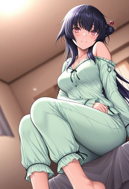 masterpiece, best quality, amazing quality, very aesthetic, high resolution, ultra-detailed, absurdres, newest, scenery,(depth of field:1.5),
(super fine illustration,professional quality,ultra high res), beautiful detailed eyes,
break
michiru_sawatari,
black hair, long hair, sidelocks, asymmetrical hair, one side up, red eyes,
hair stick,
michiru_pjm, 
light green pajamas, frilled pajamas, long sleeves,
1girl, solo,
medium breasts, shiny skin, 
blush, smile,
look at Viewer,
(dutch angle:1.3), (feet out of frame:1.3),