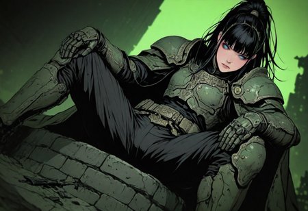 m4gicall1nes, hassaku_illu,sinozick_illu,in the style of cksc,, masterpiece,  depth of field, best quality, amazing quality, very aesthetic,very awa,
1girl, solo, sexy, cute, nordic facial features, 20 years old, 
heavy armor, metal armor, engraved armor, black hair, long hair, high ponytail, wind effect in hair, dark green armor, pale green armor, futuristic armor design, massive armor, look at viewer, bright blue eyes, glowign eyes, athletic, thicc,
black uniform over shoulders, military coat design, strict coat,
sits on the broken fundament,leans back against brick wall, spread legs, manly pose, leans on knees, broken sword in the ground, 
hi-tech with fantasy, futurism in magic world, cyberpunk style with warhammer influence, 
dutch angle, epic angle shot, wallpaper, from below, from side,
simple background, dark background, ruined cityscape, fantasy background,
(detailed outfit:1.4), (seamless:1.3), 
dark fantasy, dark dramatic palette, dim lit, contrast lit, shade, dappled moonlight, 
<lora:ck-shadow-circuit-IL:0.6> <lora:illustriousXLv01_stabilizer_v1.121:0.3> <lora:iLLMythM4gicalL1nes:0.35> <lora:HassaKu_style:0.4> <lora:Sinozick_style:0.15>