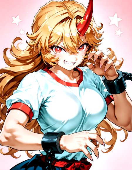 munakata_(sekimizu_kazuki):1.2,mogudan:0.7, hamada_yoshikazu:0.8 ,toriyama_akira_(style):1.1 ,touhou ,hoshiguma_yuugi , highres ,1girl ,black_skirt, blonde_hair, breasts ,bright_pupils ,cuffs ,horns,  long_hair ,looking_at_viewer, medium_breasts, open_mouth, red_eyes ,red_horns, shackles ,sharp_teeth ,shirt, short_sleeves ,simple_background ,single_horn ,skirt solo, star_(symbol), teeth, upper_body ,white_shirt, messy_hair , ^_^ ,fingernails ,grin ,hands,oni ,smile, solo,sharp_teeth,sharp_fingernails , fighting stance,  <lora:touhou_146:0.5>,<lora:illustrious_noobai_epsilon_pred_1_best_quality_v1:0.7> ,<lora:illustrious_noobai_epsilon_pred_1_masterpieces_v1:0.7>, <lora:ponyv4_noob1_2_adamW:0.5>, <lora:add_details_xl:0.7>