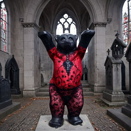 buddy Bear in Berlin,
best quality, photo of a buddy Bear, BuddyBear, 
Berlin BuddyBear, sightseeing in Berlin, 
Dark, mysterious Bear sculpture, made of red and black lace BuddyBear, 
lace, vampire goth buddy Bear, 
lace material BuddyBear, gothic style buddy Bear, intricately detailed. 
Crypt background in the church, blurry gothic church background, blurry background