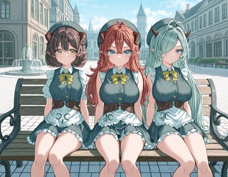 masterpiece, amazing quality, high resolution, 4ldehyde, D4isy, short hair, bob haircut, brown hair devil horns, small breasts, maid uniform, Rub3rry, long hair, double ahoge,red hair, braid, devil horns, medium breasts, magic school uniform, C0ni4, very long hair, green hair, double ahoge, hair over one eye, pointy horns, large breasts, sleeveless maid uniform, multiple girls, 3 girls, side by side, Sitting, bench,city square, water fountain