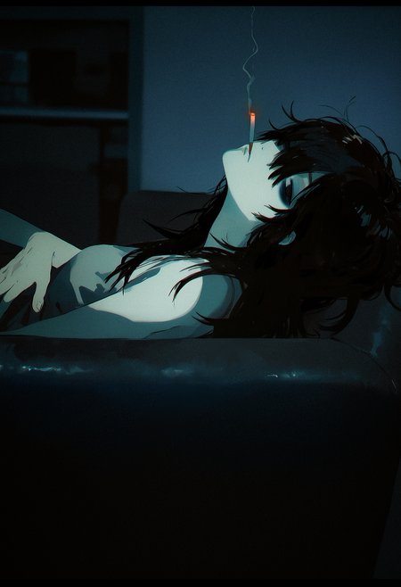 (by j.k.:1.1), by kukka, by keihh,  (cinematic:1.3), blue filter, photorealistic, letterboxed, 
1girl,  (hand rest:1.3), couch, (facing up:1.2),  looking at viewer, sideways glance, expressionless,  closed mouth, half-closed eyes, messy hair, long hair, hair over eyes, black hair, bags under eyes, empty eyes, leaning back, 
blurry background, blurry foreground, depth of field, dark room, smoking, cigarette, 
indoors, black theme, dark theme, 
masterpiece, best quality, amazing quality, very aesthetic,
<lora:nhl-004:0.75> nhl-004, <lora:nhl-001-20:0.33> nhl-001,