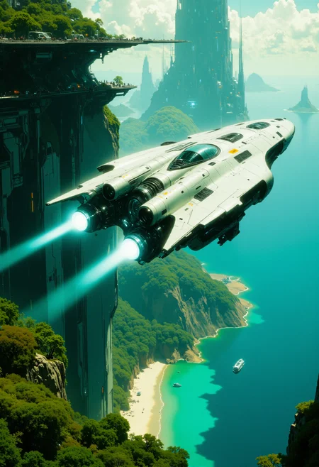 highest details, ultra hyper realism. highly detailed and realistic. intricate and highly professional artwork, an absolute masterpiece. extremely dynamic cinematic action shot with motion blur.
The image is a highly detailed, vibrant CGI rendering of a futuristic, sci-fi scene. The central subject is a sleek, white spacecraft with two large, glowing blue engines, flying low over a lush, green island landscape. The spacecraft, with a futuristic design featuring multiple panels and a cockpit, appears to be in motion, creating a slight blur around its edges.
In the background, a sprawling, futuristic cityscape with towering, slender skyscrapers made of a metallic material stretches along the coast. The city's structures are intricately detailed with a mix of angular and curved designs, hinting at a blend of modern and advanced technology.
The island below is densely covered in green foliage, with a sandy beach visible along the coastline.
<lora:artilands_v02_epoch_8:1> artilands02